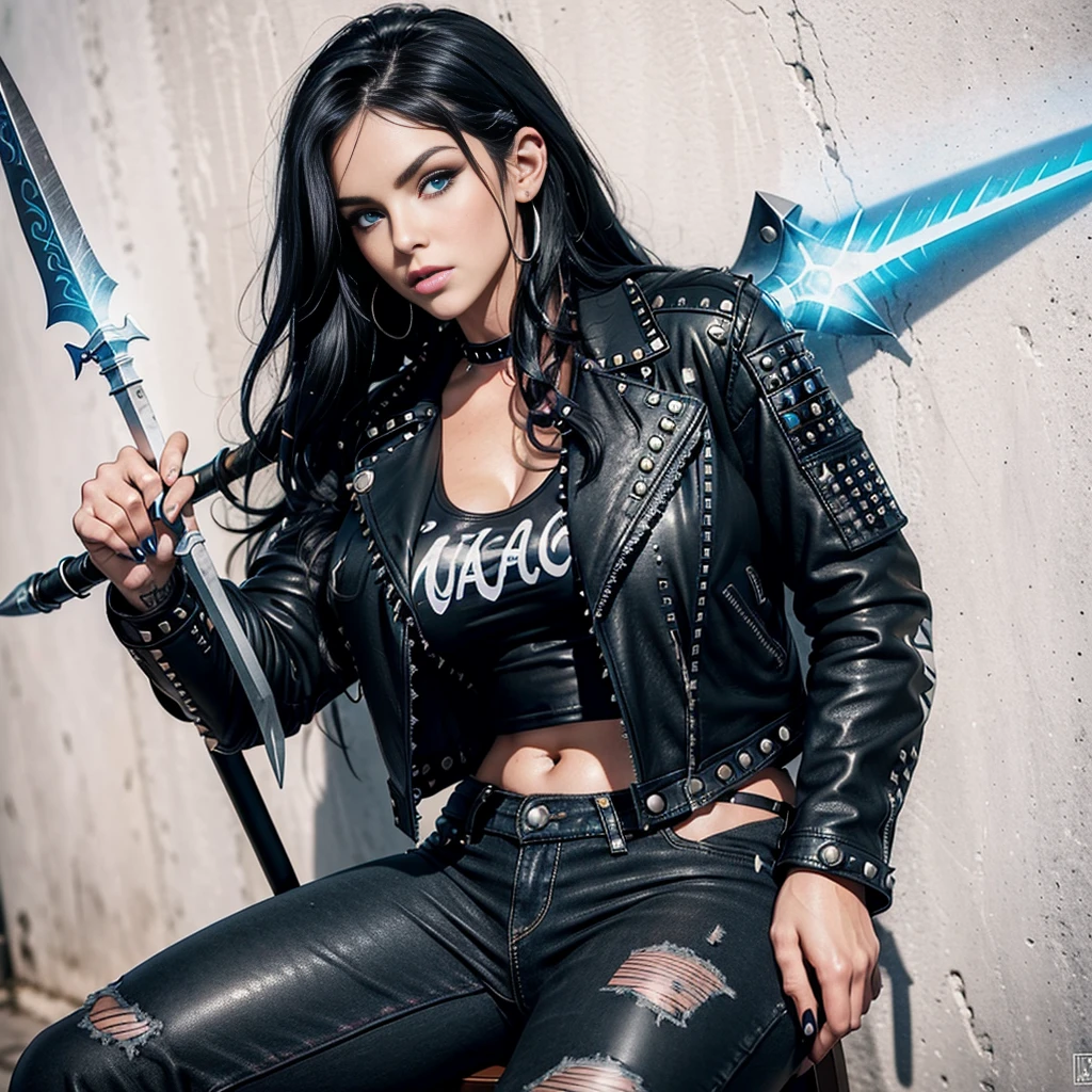 Very aesthetic inkpunk illustration, Alison Tyler lindissima, sparkling blue eyes, plump, pink lips, long and curly black hair (((wielding a magic spear in his right hand))), sitting on a simple chair, fully body, separated-lips, naked,(((black leather jacket with rivets and white t-shirt))) , ripped jeans, big boobs, big booty, wall background with graffiti, art by mschiffer