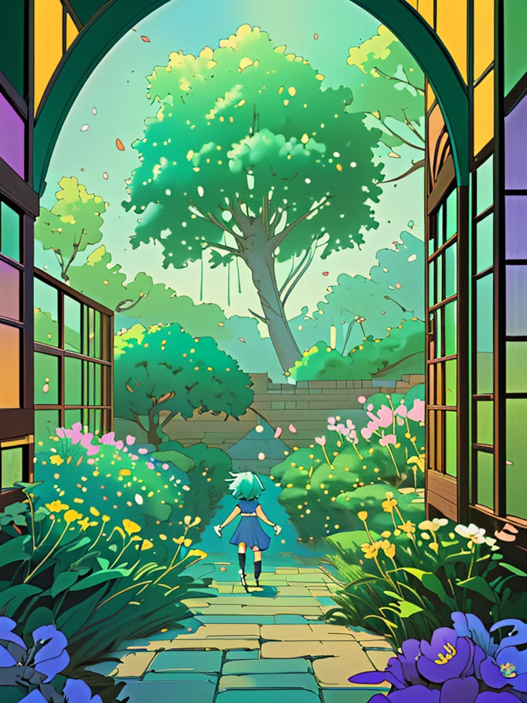 Top view:Jiangnan,Jiangnan街道,Ancient courtyard,All the windows are brightly lit,Brightly lit,Illuminate the entire picture;Like Wonderland;There is a green plum tree in the upper left corner,Flowers。Poster illustration,comics。Overall white,Fresh and elegant,Ultra-high resolution。Style consistency;Exquisite game illustration style,Colorful transparent wind chimes;The background is light green,Features scattered tiny petals,The stars sparkle,Captures the dreamy atmosphere of a fairytale world,Soft pastel shades,Light yellow-green color scheme,Reminiscent of Hayao Miyazaki's style。