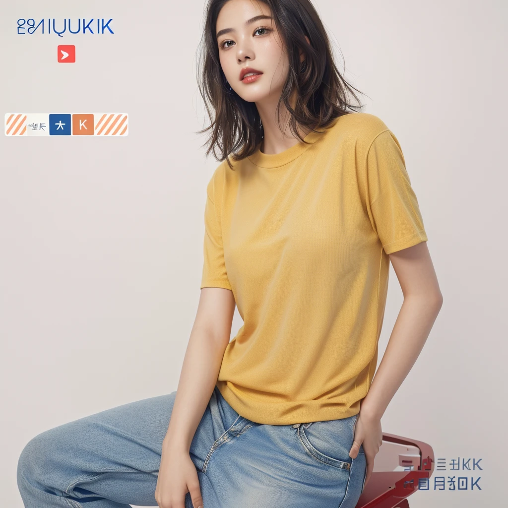 A girl, sitting on a chair, looking at the camera, with short blond hair, pure red T-shirt, blue jeans, pure white background, ((the best quality, 8k, masterpiece: 1.3)), ultra-high resolution, (photo real epic: 1.4), RAW photos, Japanese, (detail face), real, shot in natural light, highly detailed facial and skin texture, very detailed lips, correct state of human body, medium length hair, black hair, various postures, natural color lipstick