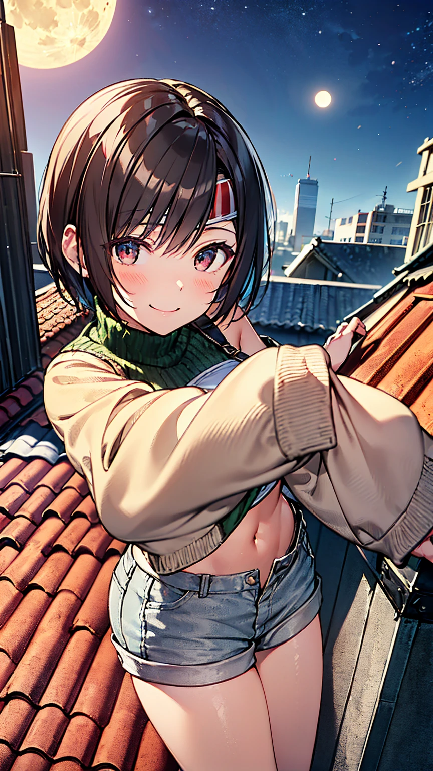 8K quality,(super masterpiece:1.3),Highest quality,Detailed Images,The real picture,Natural lighting,symmetrical beauty,1 female,Yuffie Kisaragi,20-year-old,(微smile,smile,smile),Hairstyle(short hair),head band,turtleneck,No sleeve,Shorts,(very cute:1.3),background(On the roof,rooftop,night,full moon),(Face directly towards the camera,Looking directly at the viewer,looking at the camera,The body faces the viewer,The body is facing the direction of the camera,Face looking straight into the camera).