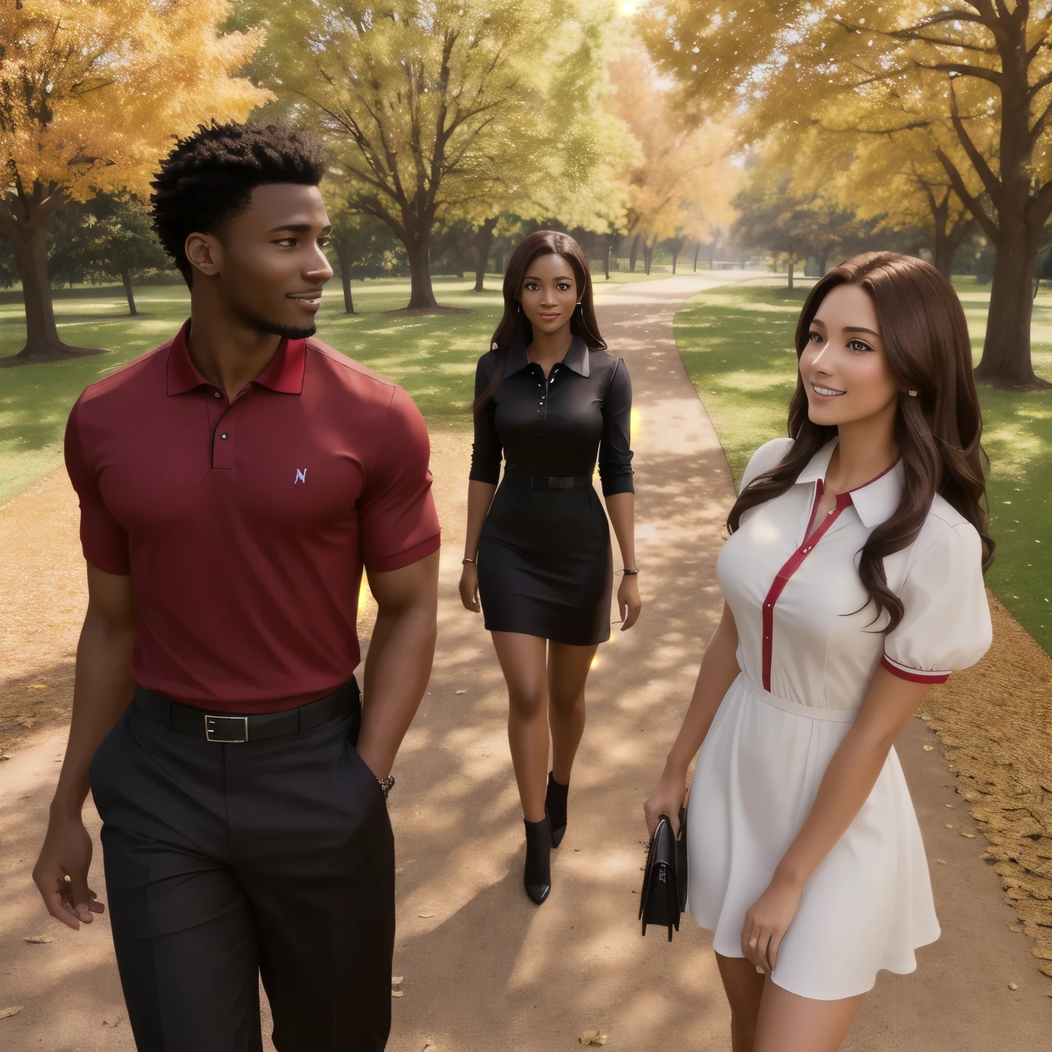 photo of an American woman with brown hair, a red dress and a handsome Nigerian man with a black polo walking in a park in autumn, with a black-haired Argentinian girl, with a white dress looking at them smiling (HDR, photorealistic: 1.2), better quality, Ultra detailed dynamic angle, best quality, looking at the viewer, SFW, perfect face,