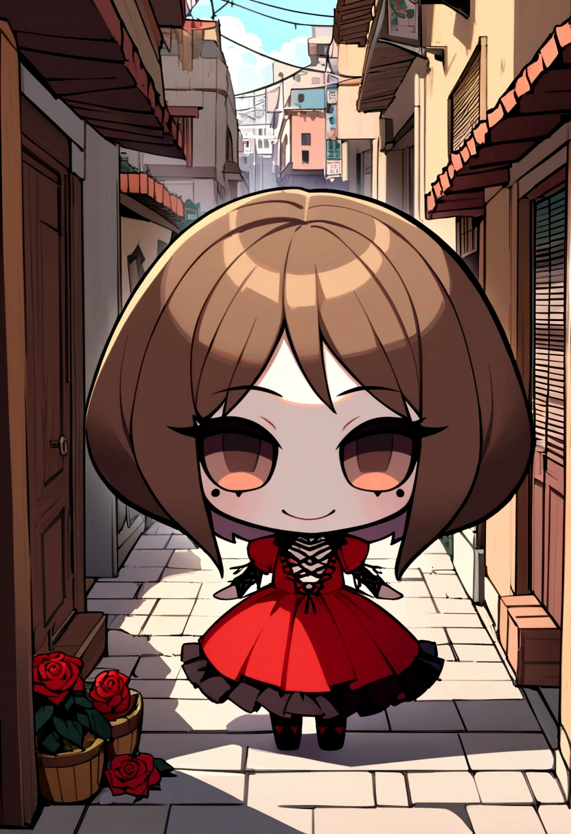 A Colored Tattoo Art Masterpiece, Chibi La Catrina Doll, Blond hair, creepy smiling, Red Dress, Blood and roses, in a western Mexican Street, detailed and Intrincicated, HD, isometric fractal Bioluminicense, Bly the doll, dark brown eyes, long dark brown hair