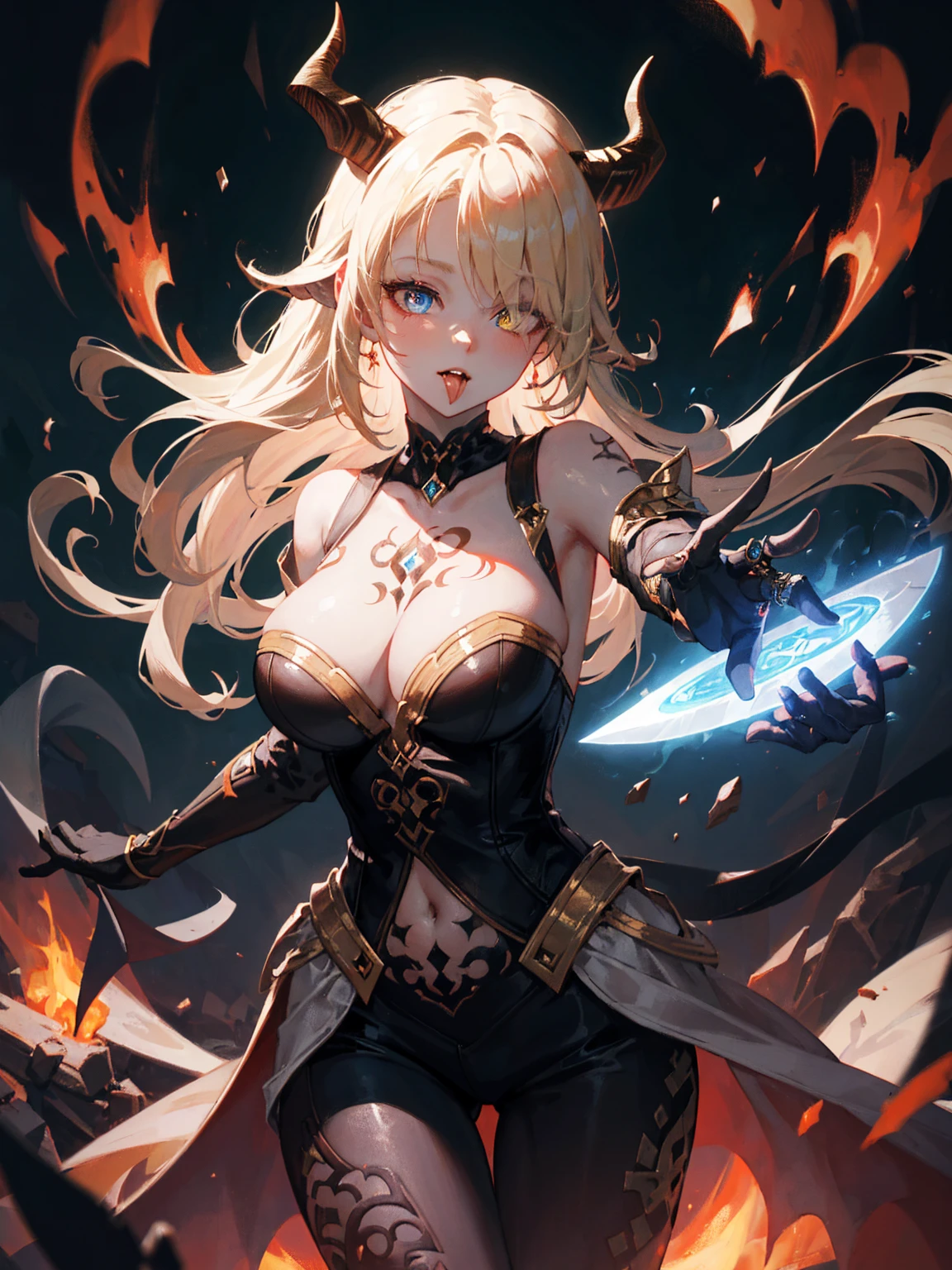 An outstanding painting of a beautiful white girl, flaming, surrounded by flames, burning hell, lava landscape, ashes, souls, demonic, diablo altar, fire girl style, the underworld, ghost knife style, fire-like hair, long red hair, (hair over one eye), (heterochromia), tatoo, huge tatoo, mouth wide open, one hand on mouth, burning dress, fire-like clothes, hell queen, demonic theme, ?????????????, watery blue big eyes, (demon horns:1.3), thin waist, wide ????, magic colors, Ultra HD, 8K, real skin texture, best light, best shadow, action, wizarding world small mouth, Small nose, big eyes, cute, close-up head, facing camera, realistic digital painting portrait of a female human, 3r1nm0r1art72, cute smile, (wavy hair:1.1), (blonde hair:1.3), magical yellow universe, (abstract, background:1.2), (light particle:1.1), (very detailed skin:1.2), (game concept:1.3), (elden ring style:1.3), (arcane style:0.8), (depth of field:1.3), global illumination, art by hoang lap and fuji hoko and artgerm and greg rutkowski and viktoria gavrilenko 