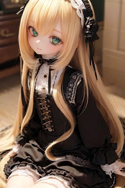 ((highest quality)), ((masterpiece)), (extremely detailed), kukolnydom, doll, mature woman, solo, from eye level shot, sitting on desk, plastic skin, green eyes, (looking down, blank eyes:1.3), light smile, blonde hair, long hair, hairband, blunt bang, gothic lolita fashion, museum, 8k