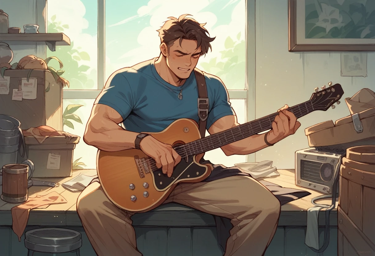 A western cowboy is playing guitar on a ranch