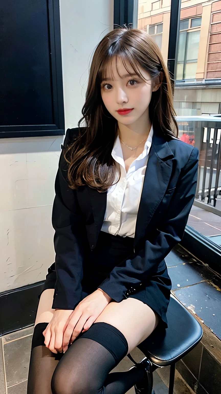 (highest quality、masterpiece、official art、High resolution:1.2)、Highly detailed CG uniform 8k wallpaper、Vivid picture、Super detailed、(The only girl:1.2)、woman, (high detail skin:1.2)、secretary、formal, , in a black suit, black jacket, (white shirt with wide open chest), black pencil skirt, skirt and thighs、Lift up your skirt and show off your thighs、(Ultra-realistic black stockings:1.3), (square glsses:1.4), sitting in a bay window、full body shot