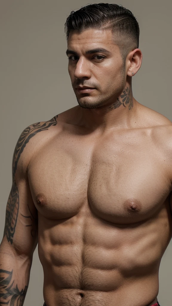35-year-old mafia man, moreno, short hair shaved on the sides, with large, wide pectorals and arms, semi marked abs, no shirt, with a scar on the chest on the left side and a tattoo on the right shoulder.