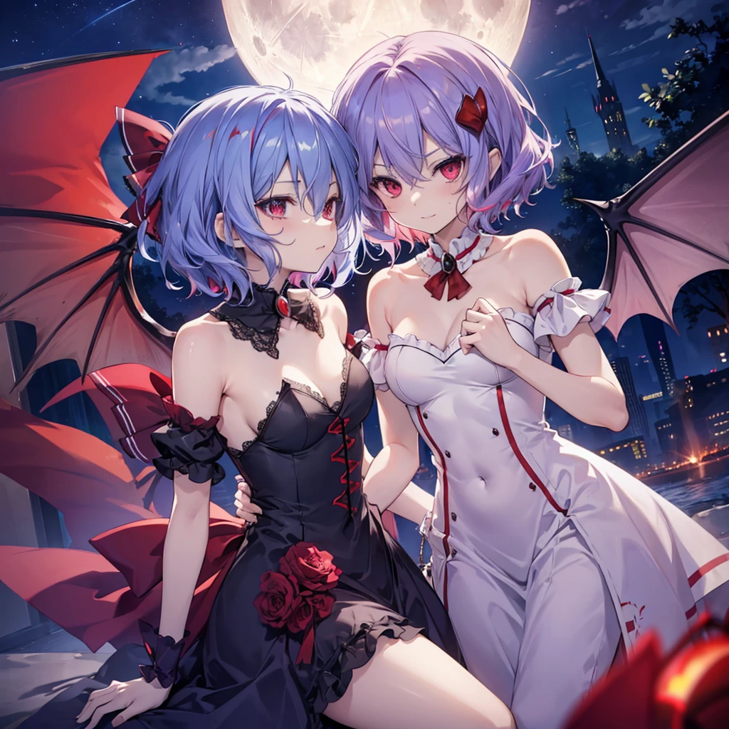 (((Remilia Scarlet)))　(((Blue Hair　Short Hair　Red eyes　Adult Woman)))，((night　full moon　My own big wings))，(Purple light)，　A tense look　Shining Background　Shining Edge