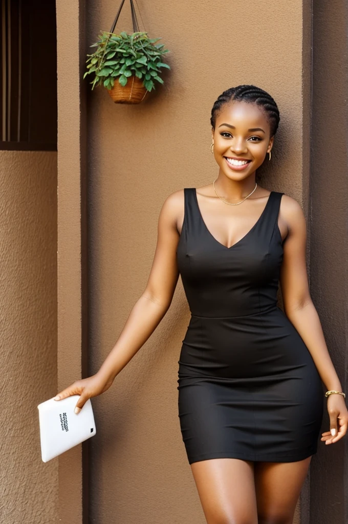 Very attractive 22 year old Zambia girl, light skinned, nice thighs, light skinned legs, bright smile, short black dress 
