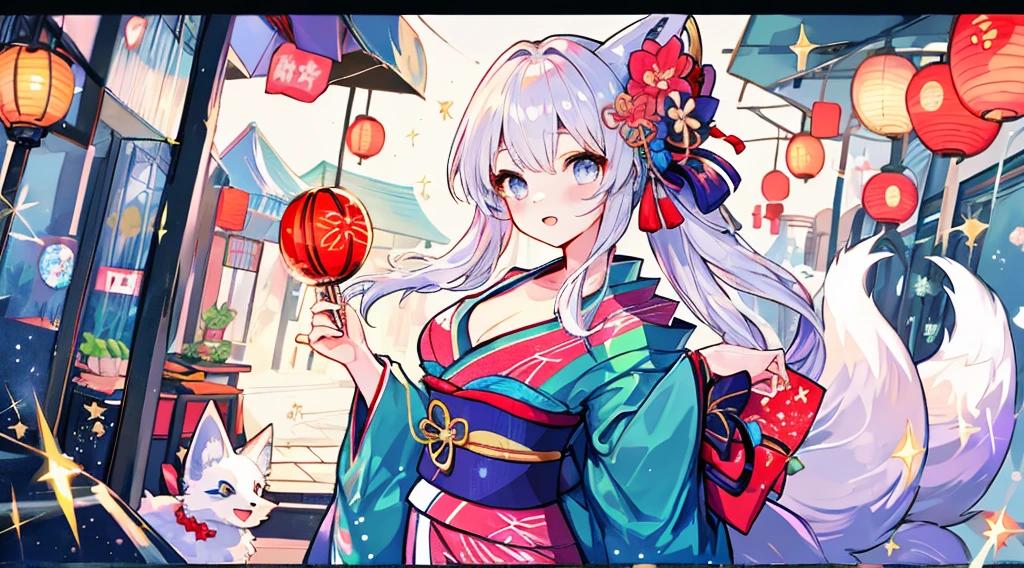 best qualtiy, A high resolution, beautiful sexy woman,kimono, Sparkle, Fantastical, fox yukata