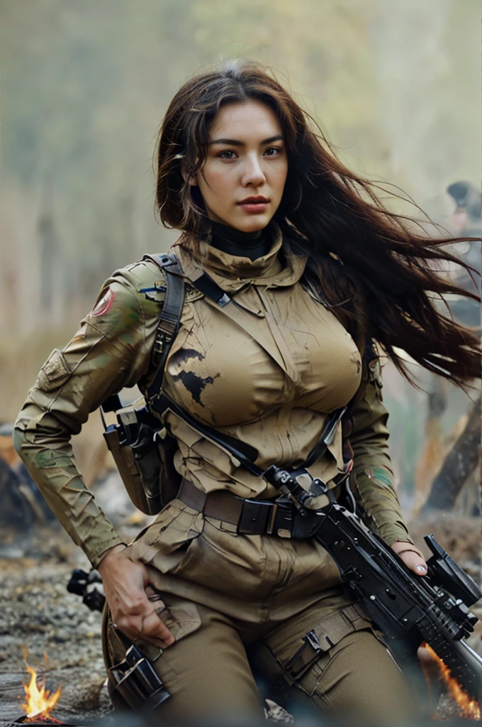arafed woman in military uniform posing with rifle in front of fire, wojtek fus, infantry girl, military girl, soldier girl, beautiful female soldier, big breasts:1.4), mechanical soldier girl, deviantart art station cgscosiety, beautiful digital artwork, artwork guweiz style, ross tran 8 k, cgsociety high definition, cgsociety amazing