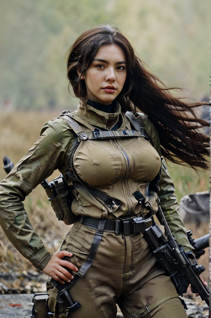 arafed woman in military uniform posing with rifle in front of fire, wojtek fus, infantry girl, military girl, soldier girl, beautiful female soldier, big breasts:1.4), mechanical soldier girl, deviantart art station cgscosiety, beautiful digital artwork, artwork guweiz style, ross tran 8 k, cgsociety high definition, cgsociety amazing