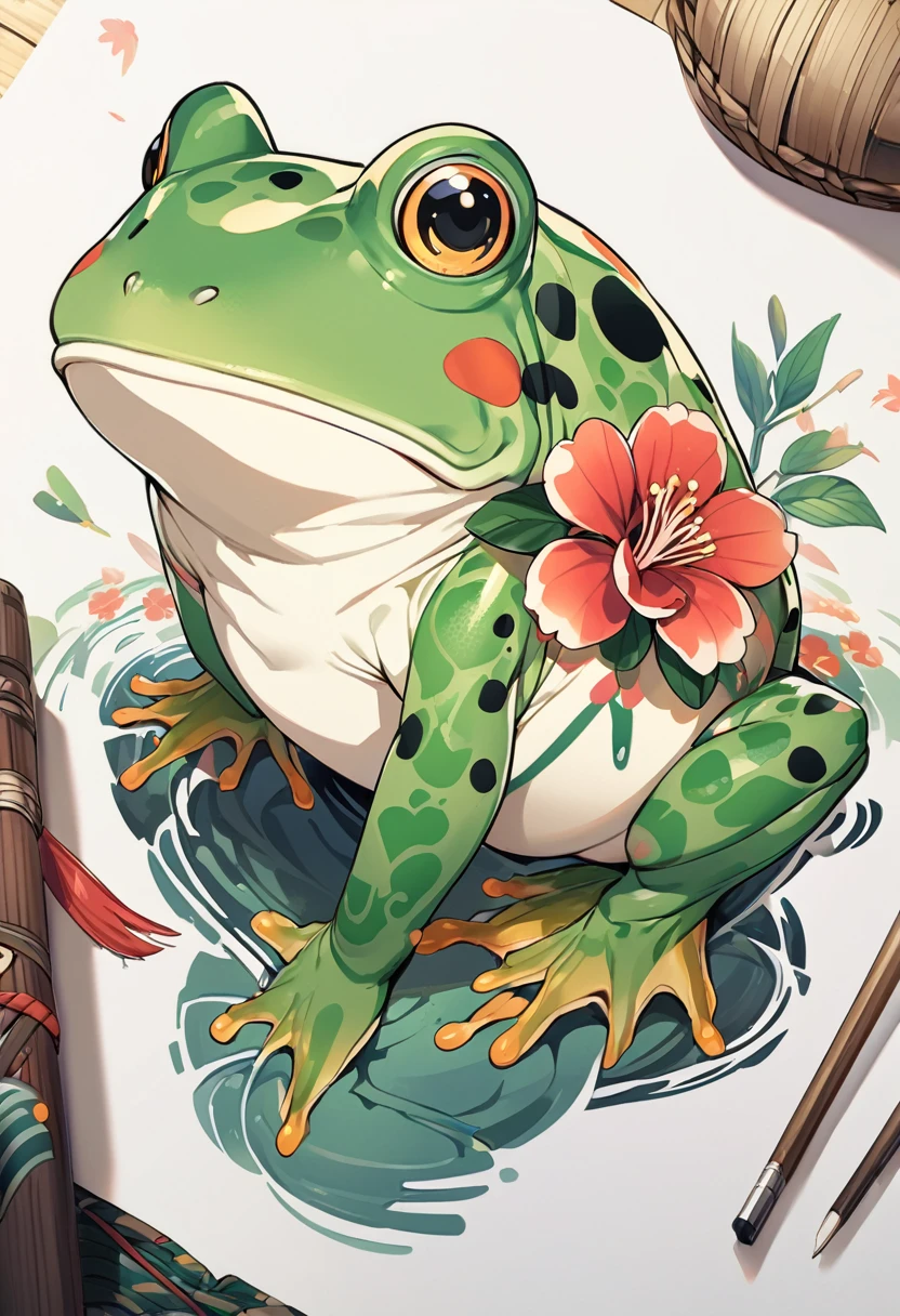 A tattoo of a frog with Japanese-style flower tattoos