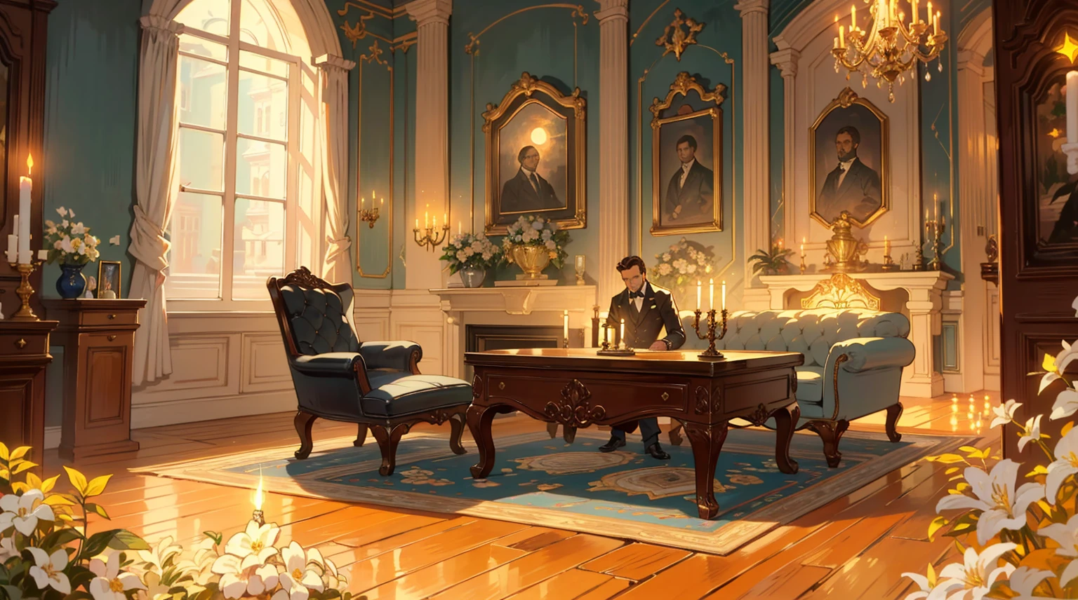 (best quality,masterpiece:1.2,detailed details,4k),Middle Ages, a gorgeous mafia boss's office,,Interior, victorian Manor with reliquies, (((Nigth))), (((moonligth enters the living room))) soft pale orange palette, soft secundary exterior ligth