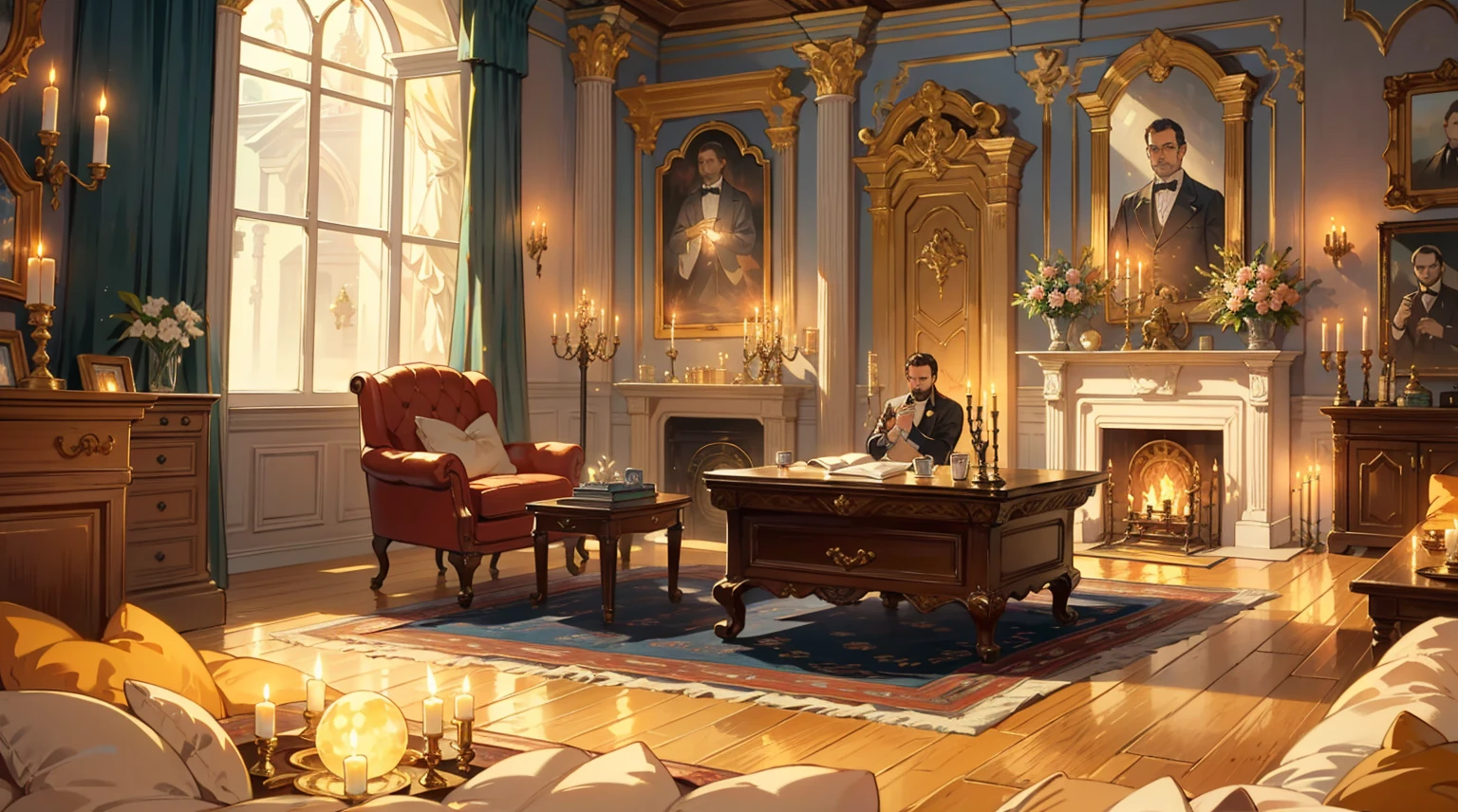 （best quality，masterpiece：1.2，detailed details，4k），Middle Ages, a gorgeous mafia boss's office,，Interior, victorian Manor with reliquies, (((Nigth))), (((moonligth enters the living room))) soft pale orange palette, soft secundary exterior ligth