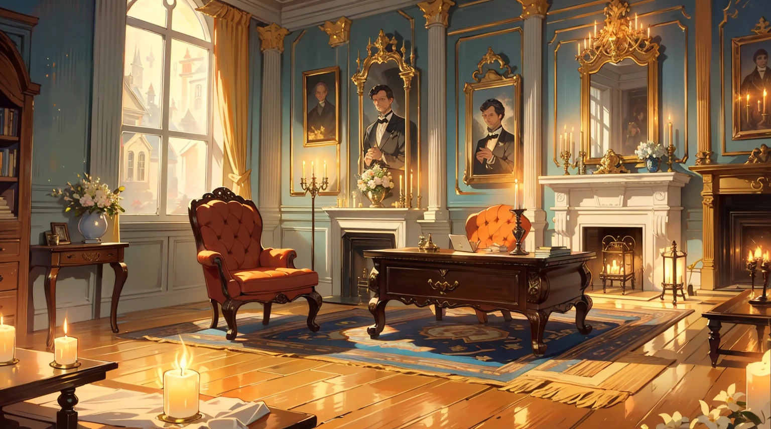 （best quality，masterpiece：1.2，detailed details，4k），Middle Ages, a gorgeous mafia boss's office,，Interior, victorian Manor with reliquies, (((Nigth))), (((moonligth enters the living room))) soft pale orange palette, soft secundary exterior ligth