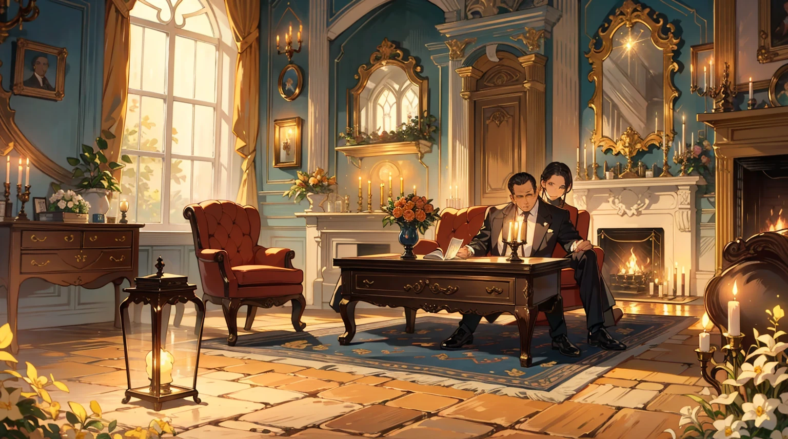 (best quality,masterpiece:1.2,detailed details,4k),Middle Ages, a gorgeous mafia boss's office,,Interior, victorian Manor with reliquies, (((Nigth))), (((moonligth enters the living room))) soft pale orange palette, soft secundary exterior ligth