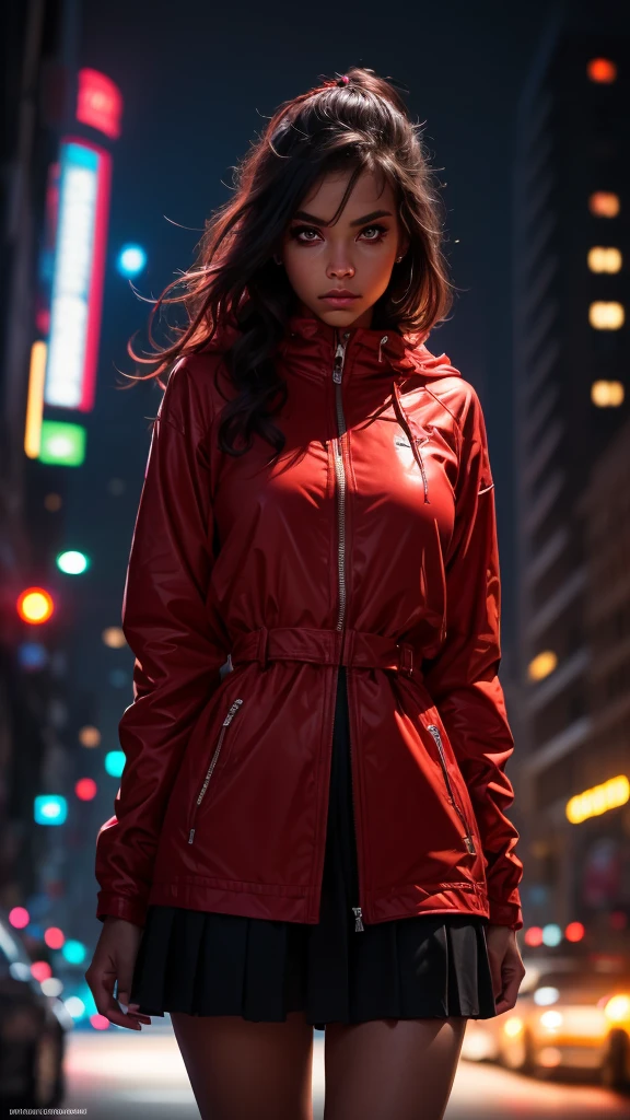 best quality,4k,8k,highres,masterpiece:1.2,ultra-detailed,realistic,photorealistic,photo-realistic:1.37,nsfw,1girl,city,street,arms behind back,black skirt,red coat,hyper detailed eyes,highly detailed face,beautiful detailed eyes,beautiful detailed lips,extremely detailed eyes and face,long eyelashes,cinematic lighting,dramatic lighting,vibrant colors,moody colors,chiaroscuro,neon lights,cyberpunk