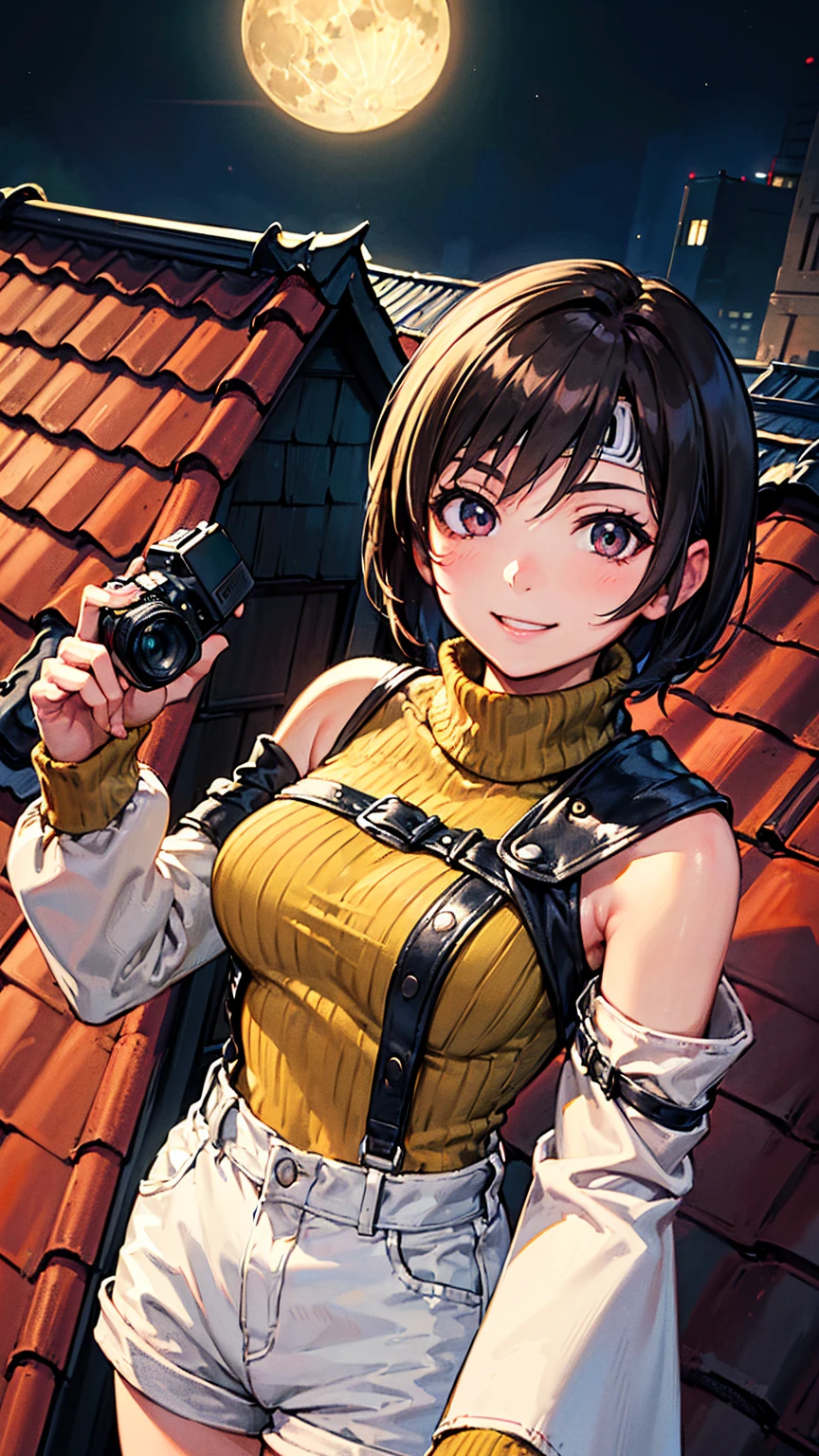 8K quality,(super masterpiece:1.3),Highest quality,Detailed Images,The real picture,Natural lighting,symmetrical beauty,1 female,Yuffie Kisaragi,20-year-old,(微smile,smile,smile),Hairstyle(short hair),head band,turtleneck,No sleeve,Shorts,(very cute:1.3),background(On the roof,rooftop,night,full moon),(Face directly towards the camera,Looking directly at the viewer,looking at the camera,The body faces the viewer,The body is facing the direction of the camera,Face looking straight into the camera).