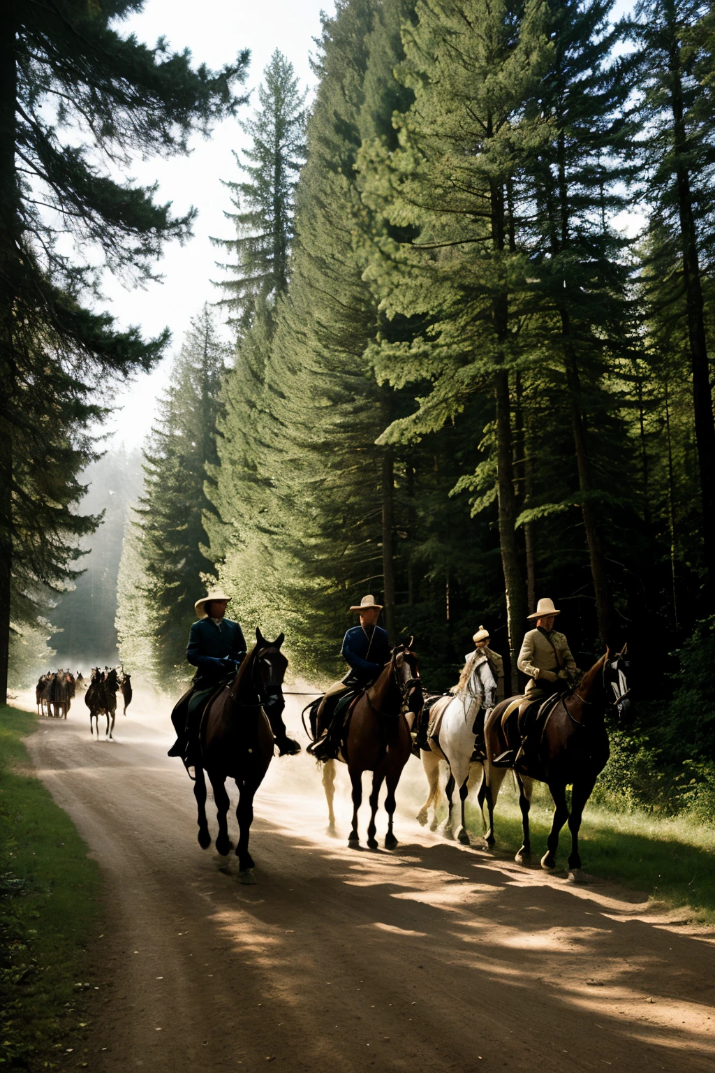 A middle age century horseman platoon in a dark forest 
