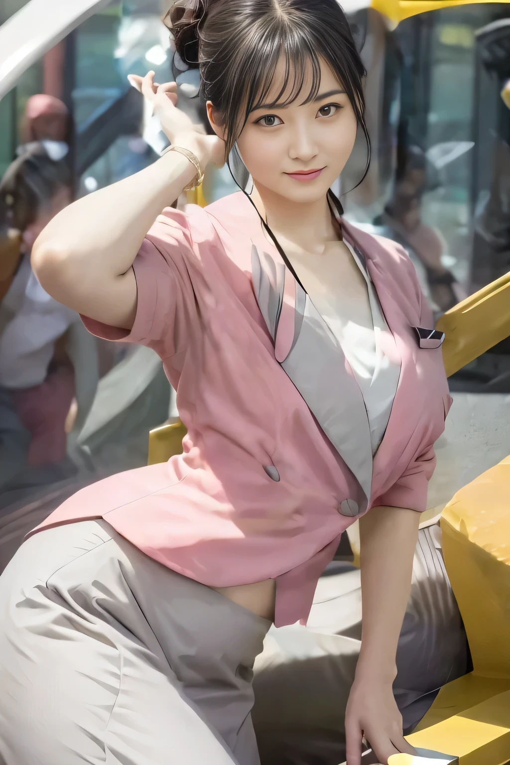 Showing your belly button、(masterpiece:1.2, Highest quality:1.2), 32k HDR, High resolution, (alone、1 girl)、 (Height: 160cm)、（On the rooftop of a building in the daytime、Professional Lighting）、Building rooftop background、（Nankai train crew uniform pinkを着たリアルスタイル）、（Nankai train crew uniform pink short sleeve collarless pink jacket、Nankai Train Crew Uniform Pink Collarless Short Sleeve Blouse、Nankai Train Crew Uniform Pink Grey Knee-length Culottes）、（The pink jacket is showing from the culottes.）、Dark brown hair、（Hair tied up、Hair tied up、Evening curly hairstyle）、Dark brown hair、Long Shot、Big Breasts、Thin legs、（（Great hands：2.0）），（（Harmonious body proportions：1.5）），（（Normal limbs：2.0）），（（Normal finger：2.0）），（（Delicate eyes：2.0）），（（Normal eyes：2.0））)、smile、（Nankai Train Crew Uniform Pink Grey Knee-length Culottesを見せた美しい歩く姿）、Place your hands around your stomach、Lanyard employee ID card