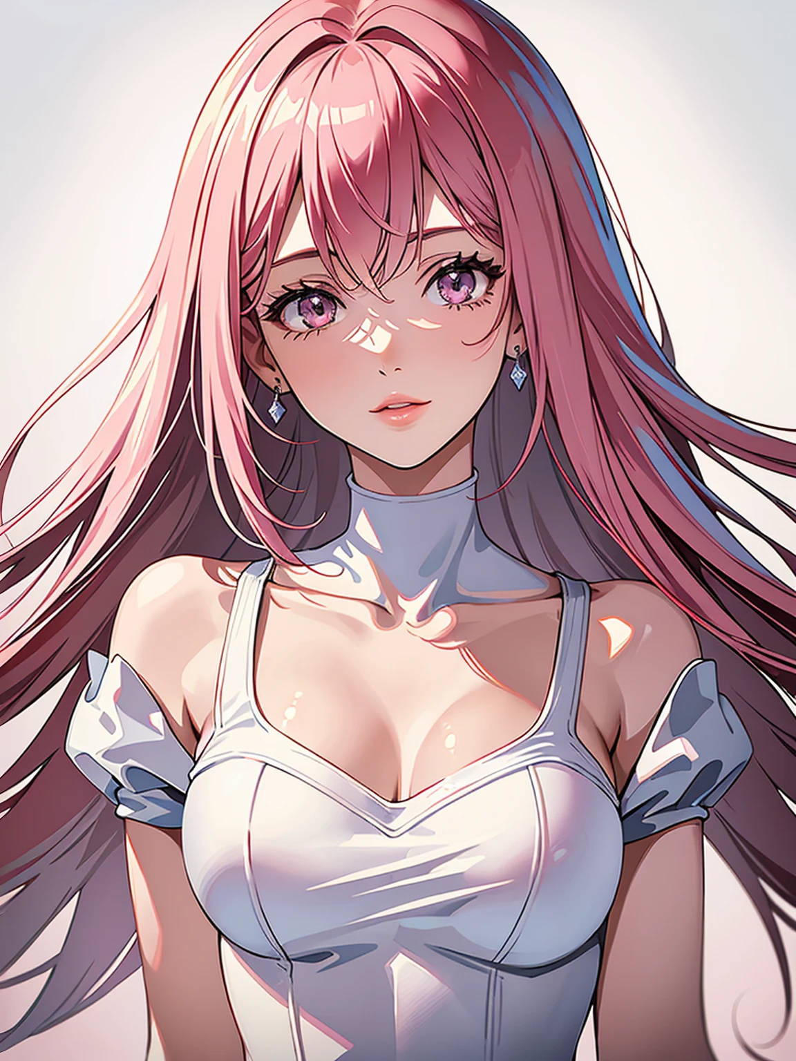 (masterpiece, high quality, best quality, 4k, 8k:1.4), 1girl, solo, pink hair, brown eyes, double-parted bangs, long hair, (mature female, mature:1.2), mole under eye, earrings, tight white and red dress, detailed face, beautiful detailed eyes, beautiful detailed lips, extremely detailed face, long eyelashes, intricate details, soft lighting, soft color pallette, perfect anatomy