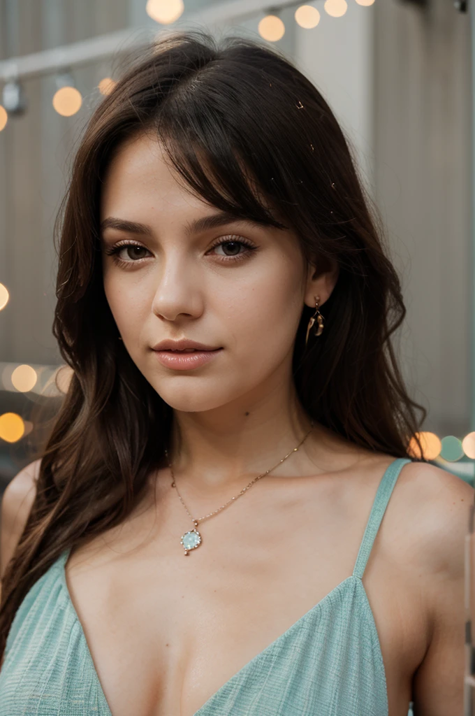 1girl in, age 25, Square face, Long hair, Looking at Viewer, jewelry, Realistic, A sexy, Maxi dress outfits, multicolored outfits, Bokeh lights background, sleep pose