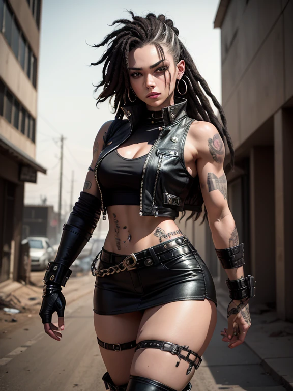 In the Wasteland, 18 year old beautiful girl in Wolf style., from DC comics, with dreadlocks, intergalactic anti-heroine, known for her cruelty and sarcastic behavior.. He is depicted as an alien humanoid with pale white skin.., long black dreadlocks, and super muscular physique in tight black leather pants.. His bright red eyes give him a menacing appearance..... Often dressed in an open black leather vest.., Short skirt, and heavy boots, he has a punk rock look. With tattoos and scars all over my body, emphasizing his seasoned character.,