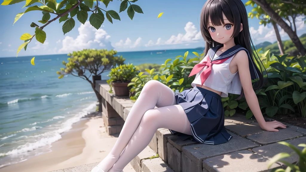 (masterpiece),  town,  blue sky,  One Girl, Place the person on the right,  smile,  alone,  Sailor suit、Long skirt,  Overgrown,  petal,  plant、Skirt lining、White slip、nostalgic、Black Pantyhose、I can see the ocean in the distance, Crotch close-up