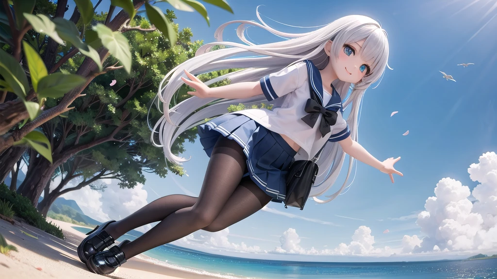 (masterpiece), town, blue sky, One Girl, Place the person on the right, smile, alone, Sailor suit、Long skirt, Overgrown, petal, plant、Skirt lining、White slip、nostalgic、Black Pantyhose、I can see the ocean in the distance, Crotch close-up