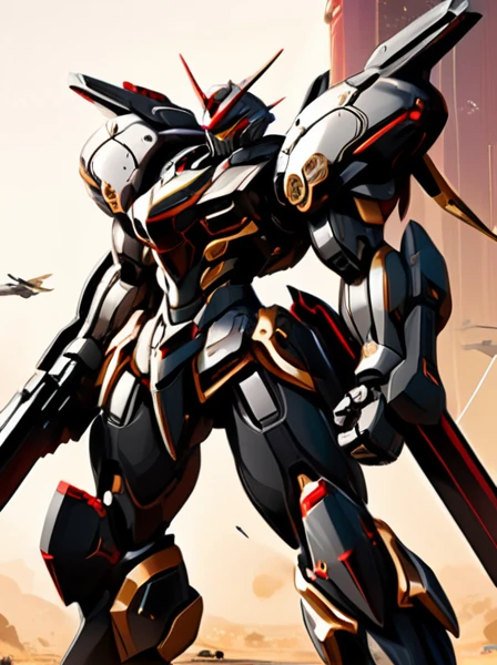 a detailed and futuristic image of a giant mecha commando, standing tall in a combat-ready stance. The mech should have a humanoid form with flexible and agile anatomy allowing for swift movements. Its armor should appear sleek and smooth, primarily colored in black with silver lines around the arms, chest, and legs. The design should feature gold accents and red details, enhancing its charismatic appearance. The mech should be armed with a plasma sword and an energy rifle. Include a futuristic helmet with a full-face visor, chest armor with gold lining and red accents, armguards with elbow protectors and storage for the plasma sword, agile and sturdy leg armor with strong knee guards, and a back equipped with small jet thrusters for increased battlefield mobility, also serving as storage for deployable combat drones. The overall design should be imposing and functional, suitable for a commando role in combat. Background: outer space.