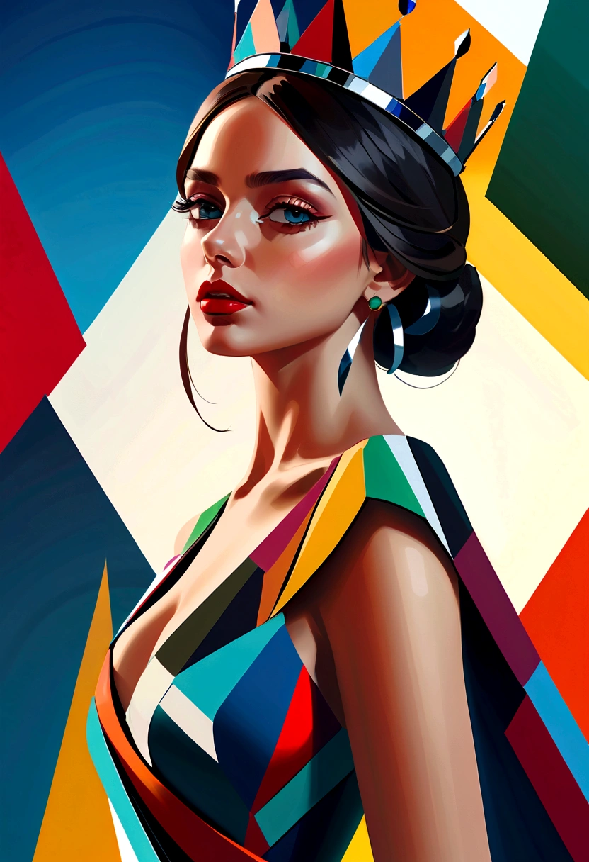 beautiful young queen in cubist style, elegant dress, crown, angular geometric shapes, vibrant colors, dynamic composition, high contrast, sharp edges, fragmented perspective, abstract distortion, masterpiece, (best quality,4k,8k,highres,masterpiece:1.2),ultra-detailed,(realistic,photorealistic,photo-realistic:1.37),studio lighting,professional,vivid colors