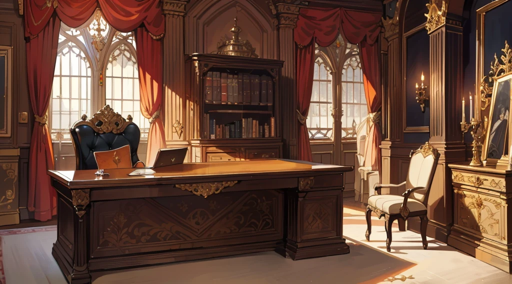 （best quality，masterpiece：1.2，detailed details，4k），Middle Ages, a gorgeous mafia boss's office,，Interior, victorian Manor with reliquies, (((Nigth))), (((moonligth enters the living room))) soft pale orange palette, soft secundary exterior ligth