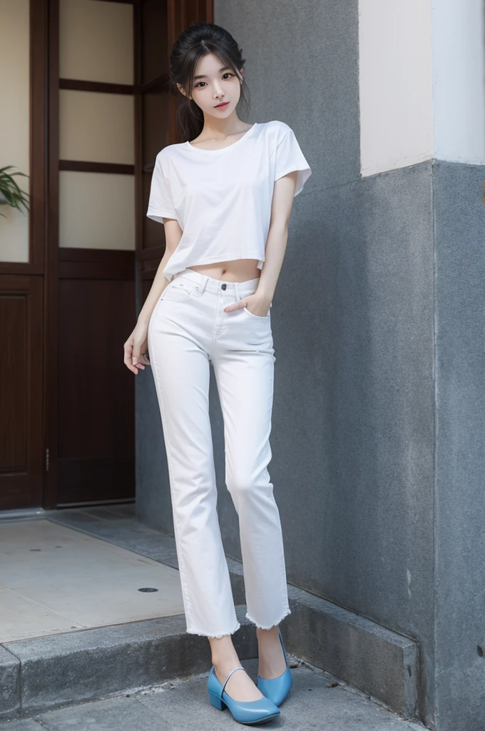 Beauty、Height 172 cm、Weight 50kg、cute、reality、good body shape、Beauty、Height 172 cm、Weight 50kg、cute、reality、good body shape、Usually exercise、Not revealingly dressed、Wear flat shoes、White T-shirt、fitted blue jeans、People from Taipei, Taiwan、Pure and elegant without being coquettish、White Moonlight