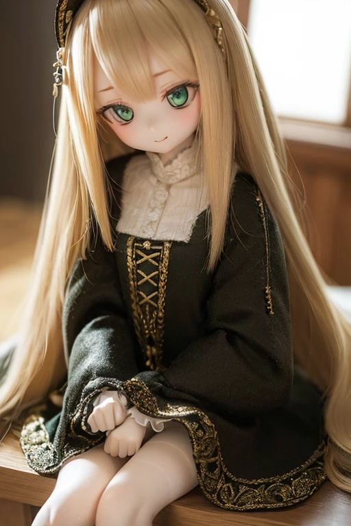 ((highest quality)), ((masterpiece)), (extremely detailed), kukolnydom, doll, mature woman, solo, from eye level shot, sitting on desk, plastic skin, green eyes, (looking down, blank eyes:1.3), light smile, blonde hair, long hair, hairband, formal dress, museum, 8k