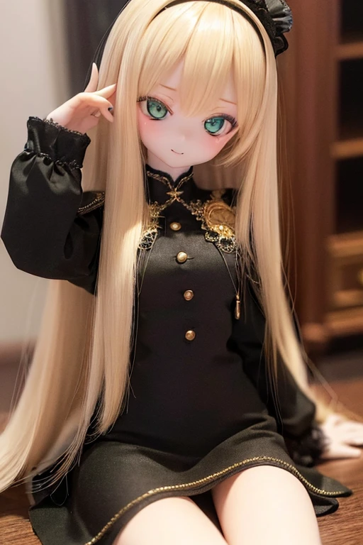 ((highest quality)), ((masterpiece)), (extremely detailed), kukolnydom, doll, mature woman, solo, from eye level shot, sitting on desk, plastic skin, green eyes, (looking down, blank eyes:1.3), light smile, blonde hair, long hair, hairband, formal dress, museum, 8k