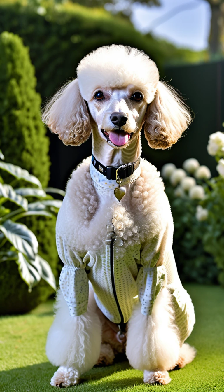 There is no one, realistic photo, photo realism, realism, poodle (Poodle)), perfect composition, intricate details, Very sharp, masterpiece, profile, high resolution, looking at the viewer, Full body photo in garden background