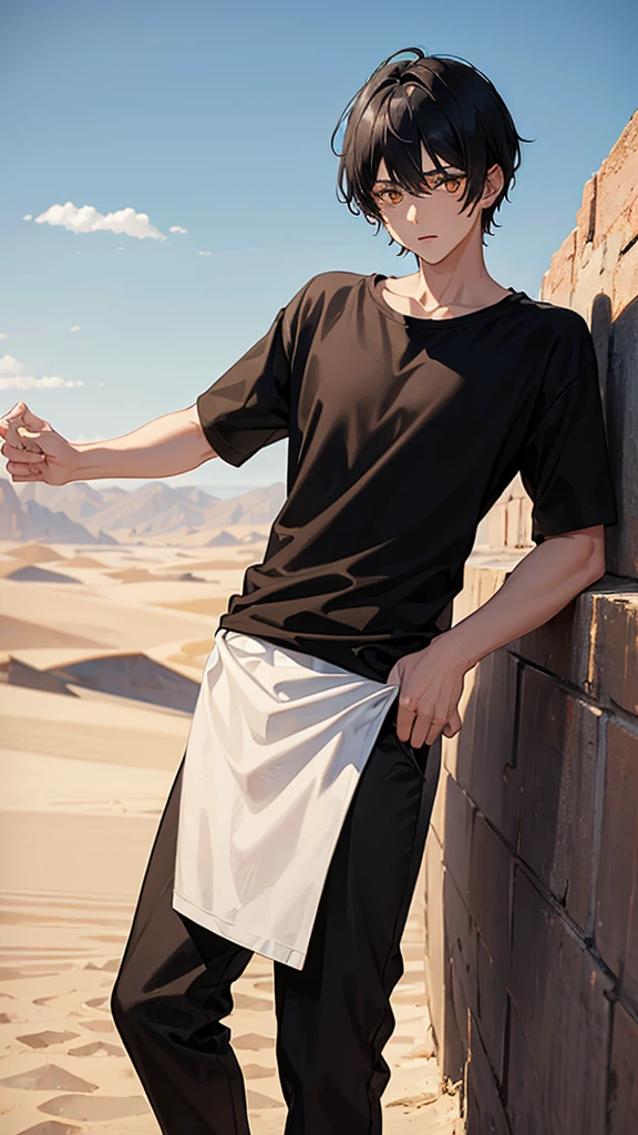 Boy with black hair and golden eyes dressed in black clothes and a white t-shirt underneath with a desert in the background of the image