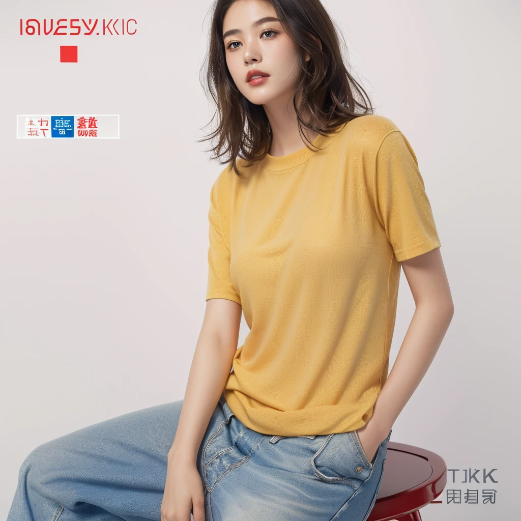 A girl, sitting on a chair, looking at the camera, with short blond hair, pure red T-shirt, blue jeans, pure white background, ((the best quality, 8k, masterpiece: 1.3)), ultra-high resolution, (photo real epic: 1.4), RAW photos, Japanese, (detail face), real, shot in natural light, highly detailed facial and skin texture, very detailed lips, correct state of human body, medium length hair, black hair, various postures, natural color lipstick