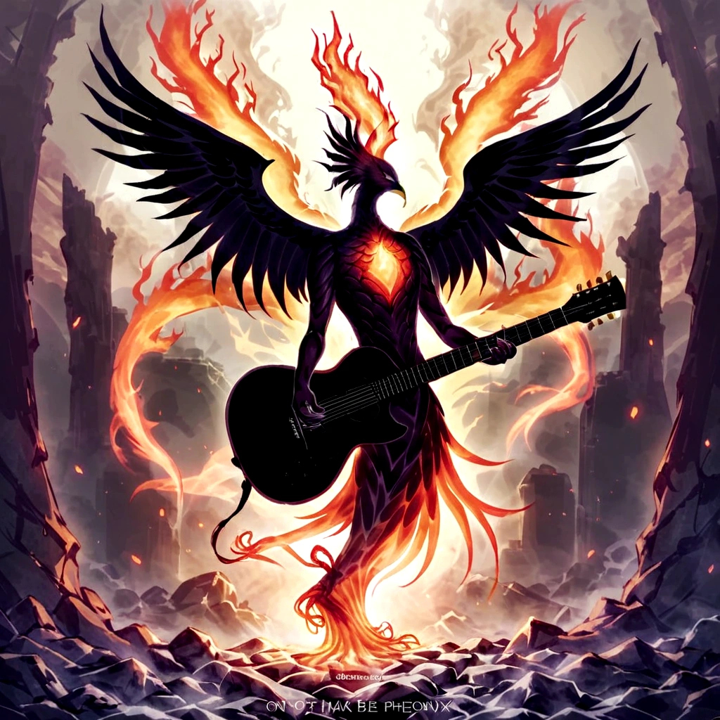 make a cover of a song, based on the phoenix, make a boy play the guitar and be surrounded by the energy of the phoenix, make the boy human 