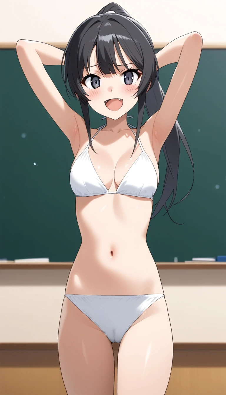 score_9, score_8_up, score_7_up, BREAK source_anime, rating_explicit, best quality, masterpiece, uncensored, 1girl, black hair, ponytail, light blue and white bikini, bare foot, embarrassed smile, mouth open, cute fangs, arms behind head, standing, classroom, blackboard, full body shot, bokeh