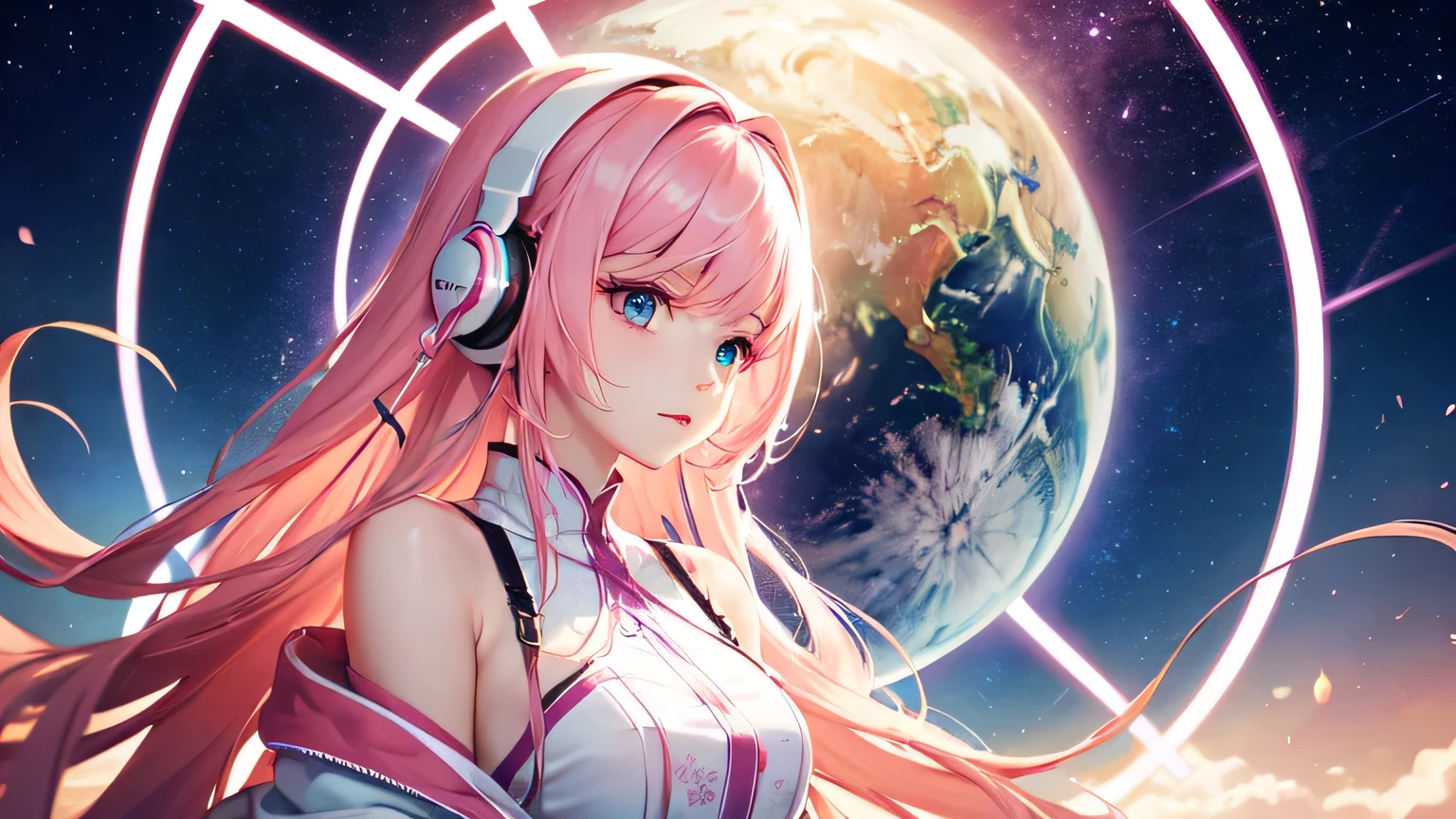 Beautiful girl with gorgeous dreamy eyes,Her hair is pink、listening to music with headphones on。I have headphones on、Pink haired characters、Exquisite floral clothing、Create social media-worthy images featuring awe-inspiring and glamorous space-themed backgrounds。The character is the center of the composition.、It should evoke a sense of fantasy and elegance。Image size is 16：Change it to 9。

