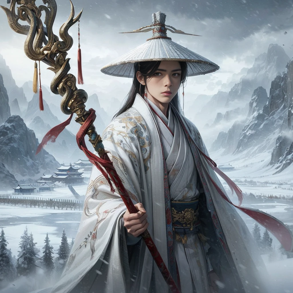 (Masterpiece:1.2), (Best Quality:1.2), (high resolution:1.2), (beautiful face and eye:1.2), (sharpest focus:1.2), (Ultra-realistic Photo:1.2), (Ultra-precise Photo:1.2), (Depth of field:1.2), (perfect :1.2), (nice hands:1.2), 
(perfect hands:1.2), (five fingers:1.2), (Young, fearless, beautiful, shady Chinese man:1.0), (Lonely Chinese warrior with spear:1.0), (Neatly trimmed short beard and tied hair:1.0), (Blazing Chinese period drama style fortress:1.0), 
(long spear with serpentine blade and ornate decoration:1.0), (white tsubakuhiro cap and cloak:1.0), (white armor with red, blue, and yellow coloring:1.0), (snowstorm:1.0), (melancholy expression:1.0), (picturesque standing figure:1.0),