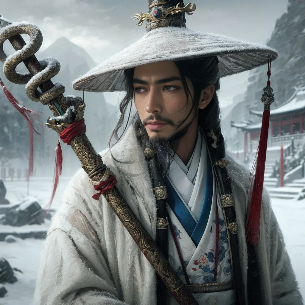 (Masterpiece:1.2), (Best Quality:1.2), (high resolution:1.2), (beautiful face and eye:1.2), (sharpest focus:1.2), (Ultra-realistic Photo:1.2), (Ultra-precise Photo:1.2), (Depth of field:1.2), (perfect anatomy:1.2), (nice hands:1.2),
(perfect hands:1.2), (five fingers:1.2), (Young, fearless, beautiful, shady Chinese man:1.0), (Lonely Chinese warrior with spear:1.0), (Neatly trimmed short beard and tied hair:1.0), (Blazing Chinese period drama style fortress:1.0),
(long spear with serpentine blade and ornate decoration:1.0), (white tsubakuhiro cap and cloak:1.0), (white armor with red, blue, and yellow coloring:1.0), (snowstorm:1.0), (melancholy expression:1.0), (picturesque standing figure:1.0),