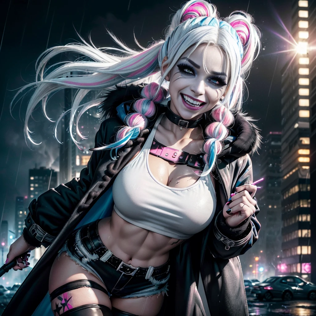 (8k,1080p,realistic skin texture,realistic,masterpiece, best quality,high-res,HDR:1.5), Harley Quinn,((crazy)),ear pendants,necklace,((white skin:1.2)),((tattoos:1.2)),((makeup:1.4)),((evil laughing:1.6)),parted lips,beauty,delicate face,beautiful face,perfect face,shiny skin,long eyelashes,(((smoky eyes,eye-shadow:1.3))),((twintails)),((white hair,blue pink white highlights hair:1.4)),(((black coat:1.6))),((white tank top:1.3,short shorts,fishnet thighs stockings:1.2))),(torn clothes:1.2),clawed hands, bright eyes,((black lipstick:1.5)),gigantic breasts,slim waist,wide hips,bubble butt, ((in the Gotham city,ruined city,high detailed background:1.2)),((explosion everywhere:1.3)),(((warfire everywhere))),Helicopters flying in the sky,bright lighting,bright colors,film filter,alluring,sultry pose,dynamic shot,((dirty on skin)),labret,close-up face,(rain),fierce wind