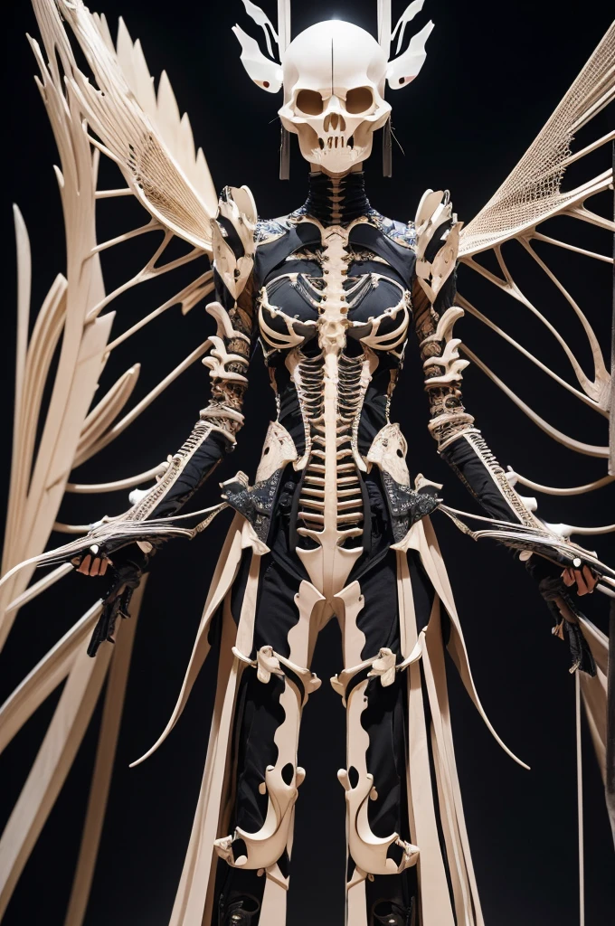Biomechanical design Biomechanical design that mimics the shape and structure of living organisms。Dresses and accessories made from animal skeletons and insect exoskeletonoving parts and autonomously transforming costumes。The background is the Paris Fashion Week runway。