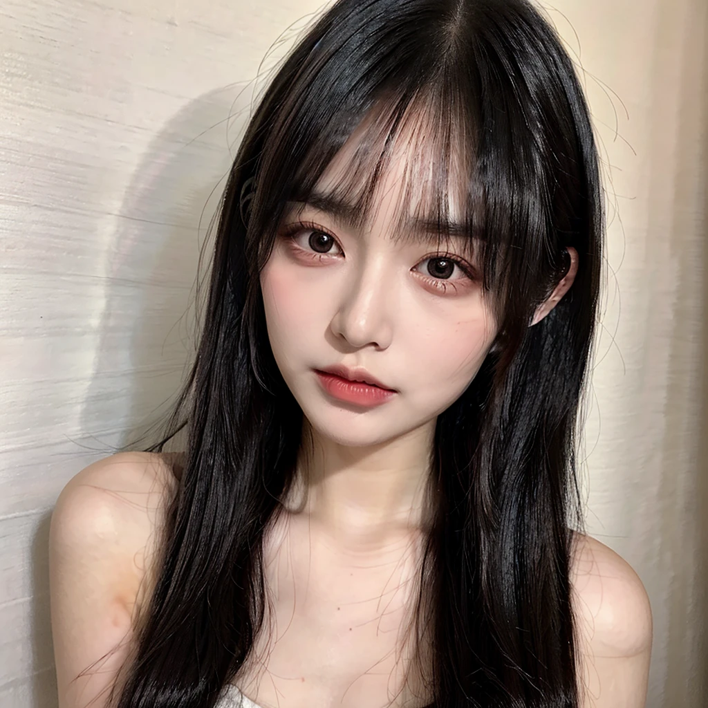 (8K, 4K, Best Quality, High Definition, Ultra High Definition: 1.1), (Masterpiece, Realistic, Photorealistic: 1.1), Solo, Japanese woman, H cup, cool, erotic, model's expression, porn star, Long straight black hair with bangs that reach her eyebrows, large round eyes with double eyelids, small straight nose, well-shaped small lips, smooth fair skin, soft round face, shiny hair, natural eyebrow shape, small ears, soft jawline, natural cheek blush, even skin tone, defined lip contour, center hair part, eye sparkle, wearing a white top, universally appealing and beautiful,