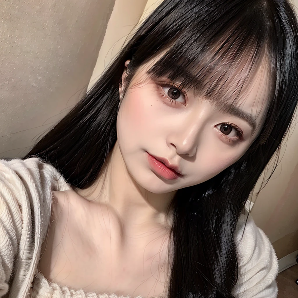 (8K, 4K, Best Quality, High Definition, Ultra High Definition: 1.1), (Masterpiece, Realistic, Photorealistic: 1.1), Solo, Japanese woman, H cup, cool, erotic, model's expression, porn star, Long straight black hair with bangs that reach her eyebrows, large round eyes with double eyelids, small straight nose, well-shaped small lips, smooth fair skin, soft round face, shiny hair, natural eyebrow shape, small ears, soft jawline, natural cheek blush, even skin tone, defined lip contour, center hair part, eye sparkle, wearing a white top, universally appealing and beautiful,