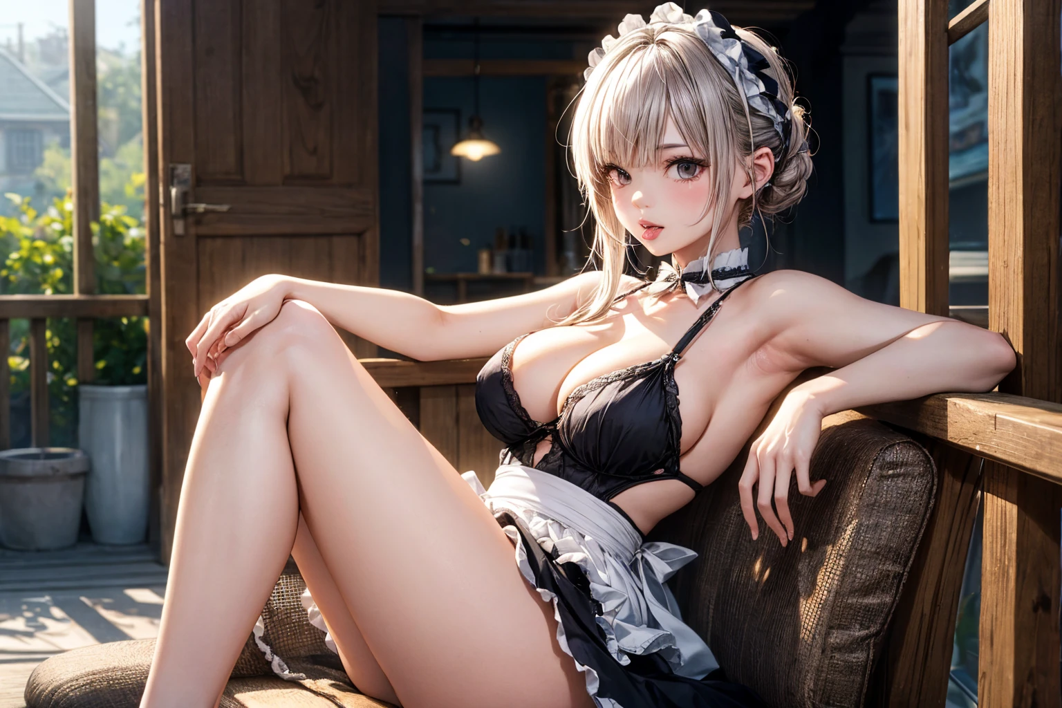 8K quality、High resolution、Sexy maid、Realistic skin texture、High resolutionの肌、、Grabbing the breast、Princess Hair、thin、Small and young breasts、Open the mouth to reveal a realistic tongue、Beautiful cleavage、Gray Hair、Thin legs、French Braid、、Full Body Shot、Moist lips、Woman sitting、Shooting from the side