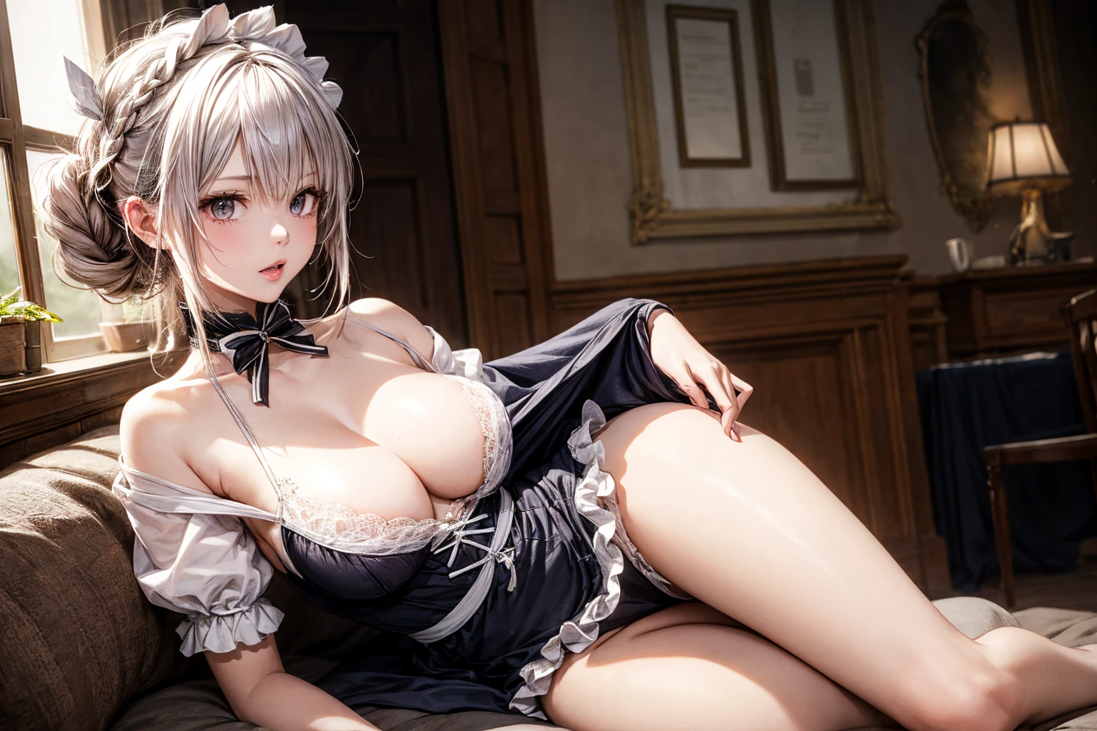 8K quality、High resolution、Sexy maid、Realistic skin texture、High resolutionの肌、、Grabbing the breast、Princess Hair、thin、Small and young breasts、Open the mouth to reveal a realistic tongue、Beautiful cleavage、Gray Hair、Thin legs、French Braid、、Full Body Shot、Moist lips、Woman sitting、Shooting from the side
